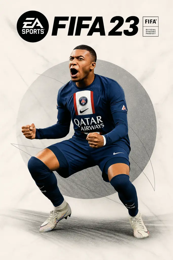 🕰️ FIFA 94 to FIFA 23: A Legendary Journey of EA Sports Football Trivia Arena high-quality cover image of FIFA 23 by EA Sports, featuring Kylian Mbappé and Sam Kerr posing in official football kits, representing the first global FIFA game to feature a female cover athlete. The background shows a stadium atmosphere with dynamic motion blur, highlighting the game’s modern, inclusive branding